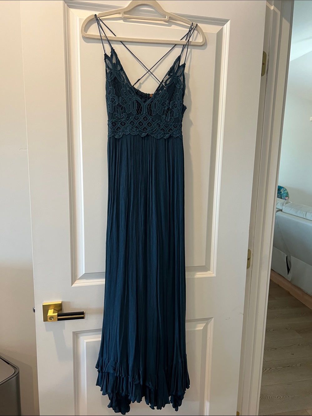 Free People Teal Lace Bodice Maxi Dress with Crisscross Straps